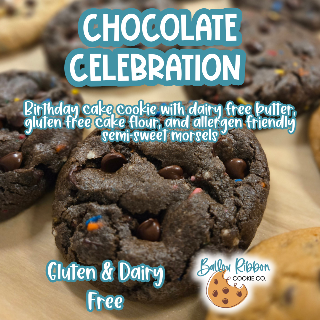 Gluten Free and Dairy Free chocolate birthday cake cookie with dairy free butter, gluten free flour, and allergen friendly semi-sweet morsels