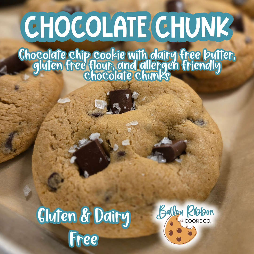 Chocolate chip cookie with dairy free butter, gluten free flour, and allergen friendly chocolate chunks and a sprinkle of sea salt.