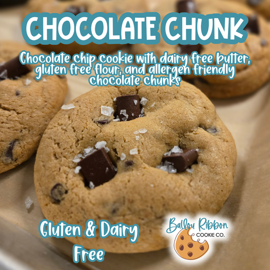 Chocolate chip cookie with dairy free butter, gluten free flour, and allergen friendly chocolate chunks and a sprinkle of sea salt.
