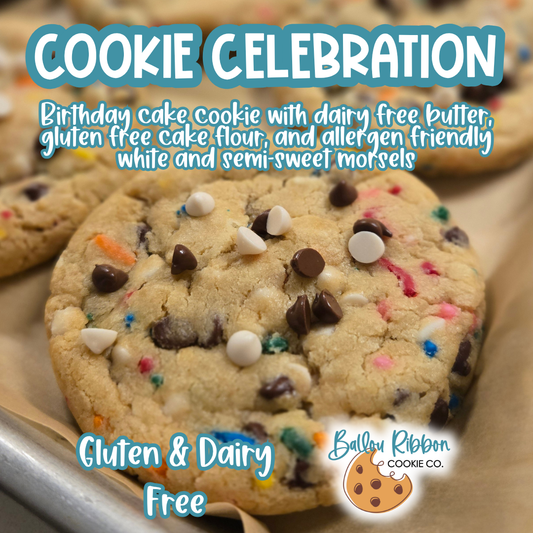 Birthday cake cookie with dairy free butter, gluten free cake flour, and allergen friendly white and semi-sweet morsels.