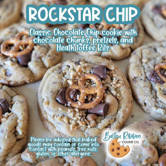 Classic chocolate chip cookie with chocolate chunks, pretzels, caramel, and Heath toffee bits