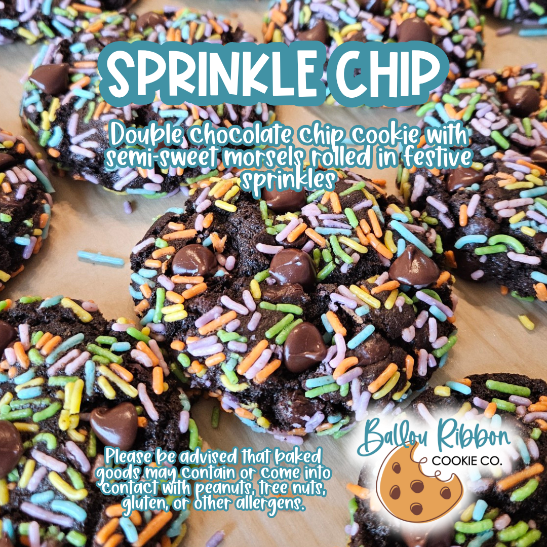 Double chocolate chip cookie with semi-sweet morsels rolled in festive sprinkles
